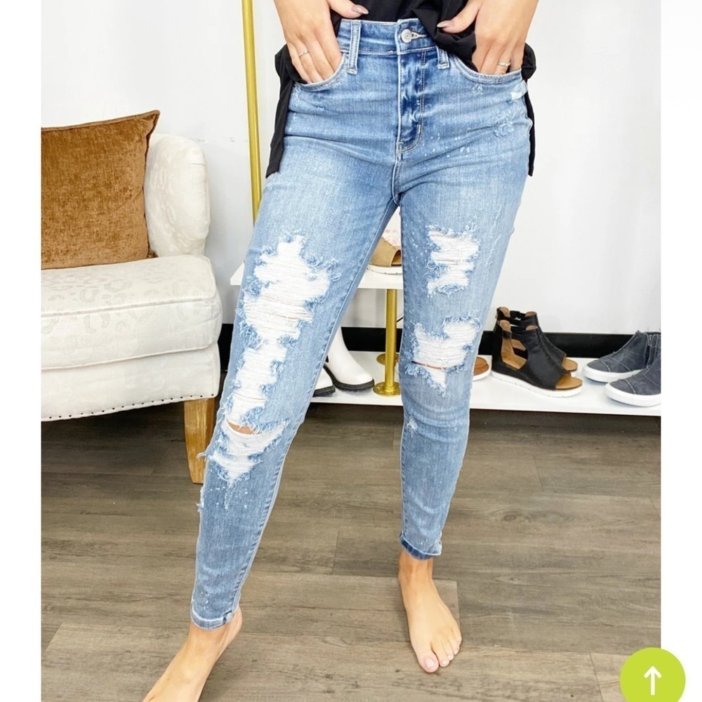 Judy Blue Hi-Rise Light Wash Skinny Bleach Splash Destroyed Jeans Sz 15/32